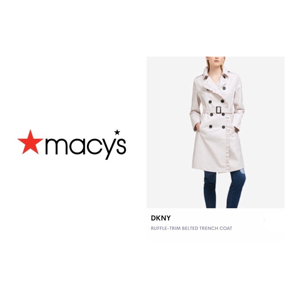 DKNY Ruffle Trim Double-Breasted Trench Coat, XL